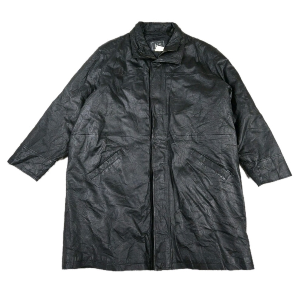 Vintage KS Black Leather Jacket Mens 4XL Long Coat Grunge 90s Streetwear Hiphop